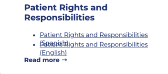 "Patient Rights and Responsibilities" links in English and Spanish with a "Read more" option.