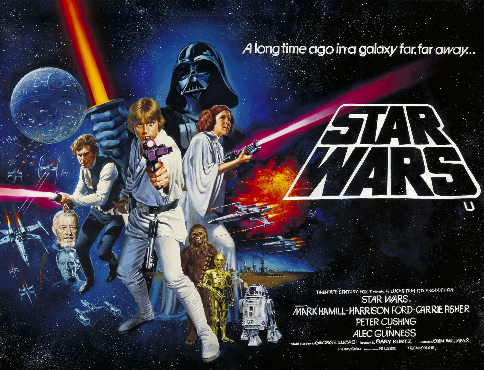 Iconic "Star Wars" movie poster featuring characters, space scenes, and the text: "A long time ago in a galaxy far, far away..."