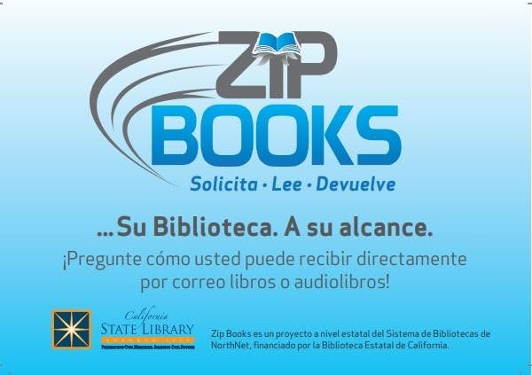 Zip Books promotional image offering book delivery services through libraries, funded by the California State Library.