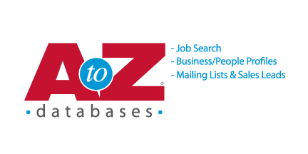Logo of "A to Z Databases" with services: job search, business/people profiles, and mailing lists & sales leads.