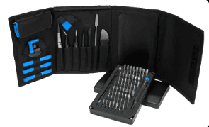 Tool kit with screwdrivers, tweezers, and pry tools in a black folding case.