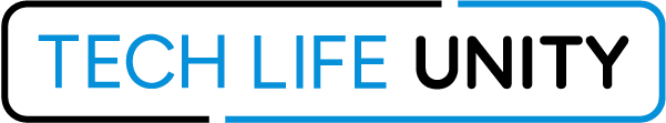 Text: "TECH LIFE UNITY" in blue and black letters with a border.