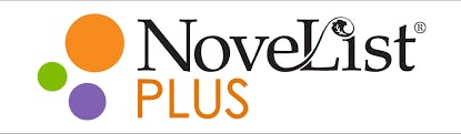The image shows the "NoveList Plus" logo with orange, green, and purple circles on a white background.