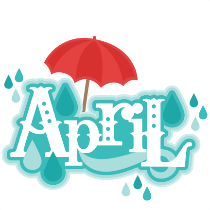 "April" with raindrops and a red umbrella, suggesting a rainy theme.