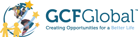 Logo of GCFGlobal with slogan "Creating Opportunities for a Better Life" and graphic elements of people and stars.