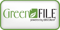 Logo of GreenFILE by EBSCOhost with a leaf icon.