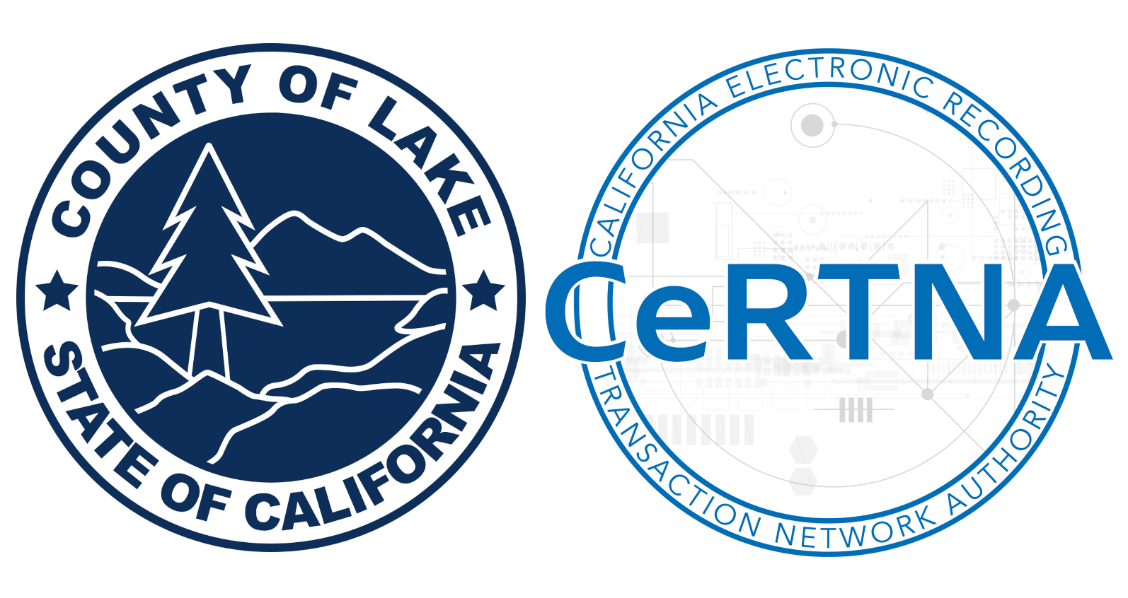 Logos for the County of Lake, California, and CeRTNA, showing a tree, lake, and technical design elements.