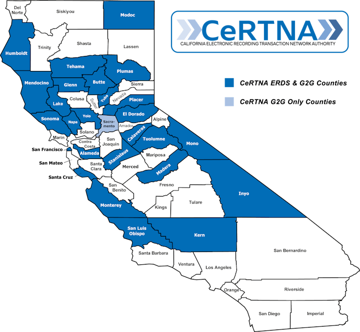 Map of California counties with some colored blue, labeled "CeRTNA" indicating specific regions.