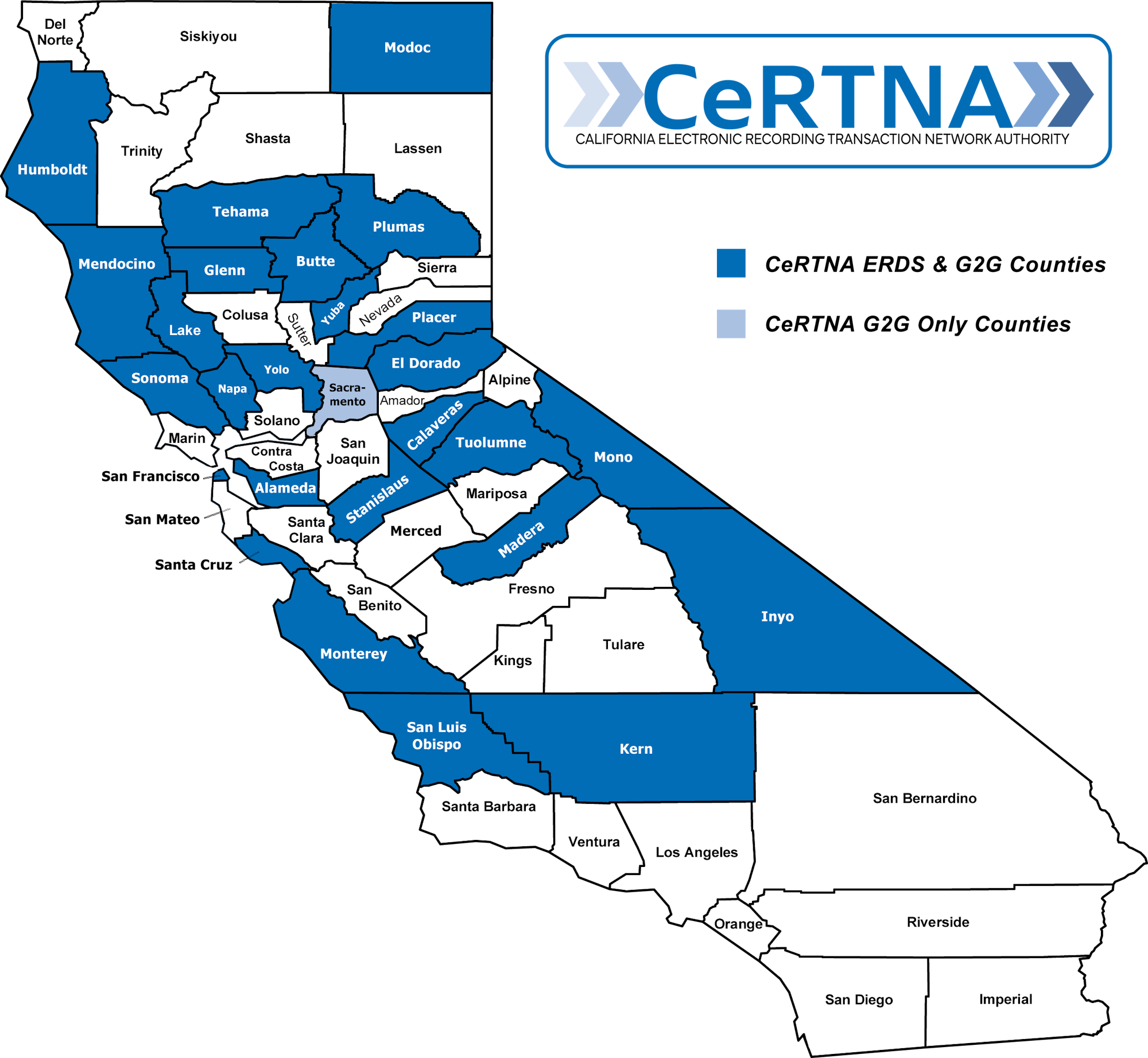 Map of California counties with some colored blue, labeled "CeRTNA" indicating specific regions.