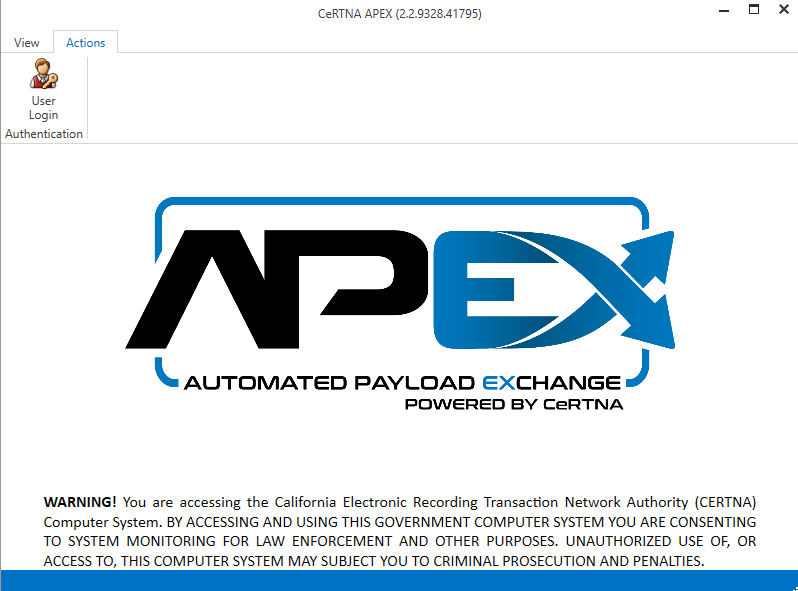 APEX logo with a warning about unauthorized computer system access and potential criminal penalties.