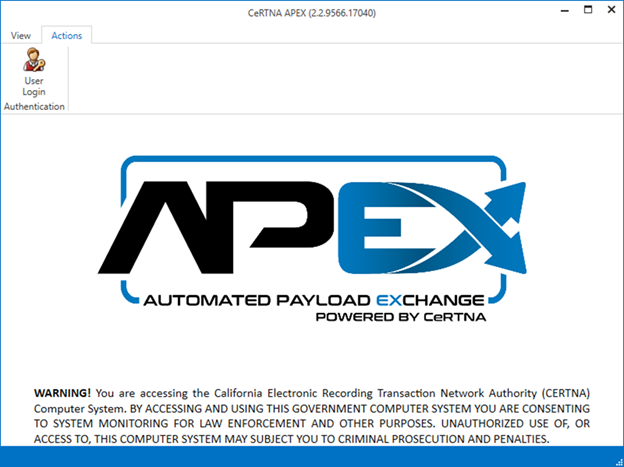 The image shows a login interface for the Automated Payload Exchange (APEX) of the California Electronic Recording Transaction Network Authority (CeRTNA), with a warning about unauthorized access.