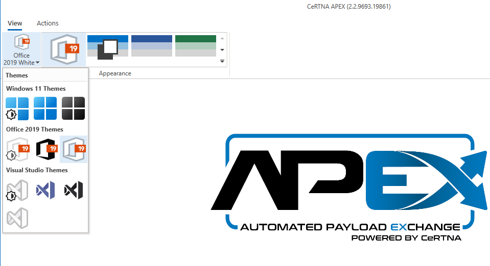 The image displays a software interface showing themes for CeRTNA APEX, including the "Office 2019 White" theme and branding.