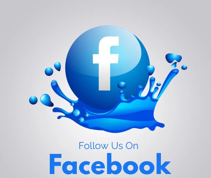 Facebook logo with text urging to "Follow Us On Facebook" in blue splash design.