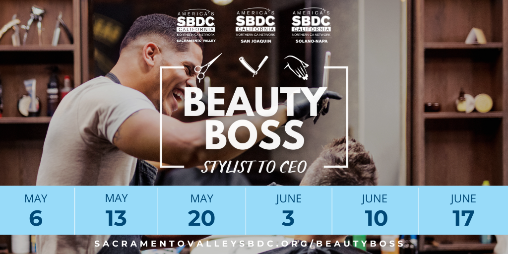 A promotional graphic for "Beauty Boss" with event dates, a barber working, and SBDC logos.