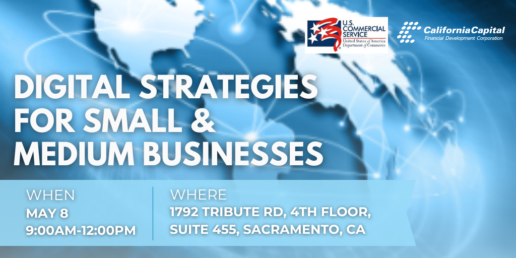 An event flyer for "Digital Strategies for Small & Medium Businesses" scheduled for May 8.