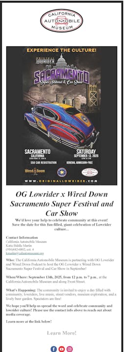 Car show flyer: "OG Lowrider x Wired Down Sacramento Super Festival & Car Show" on Sept 13, 2025, at California Auto Museum.