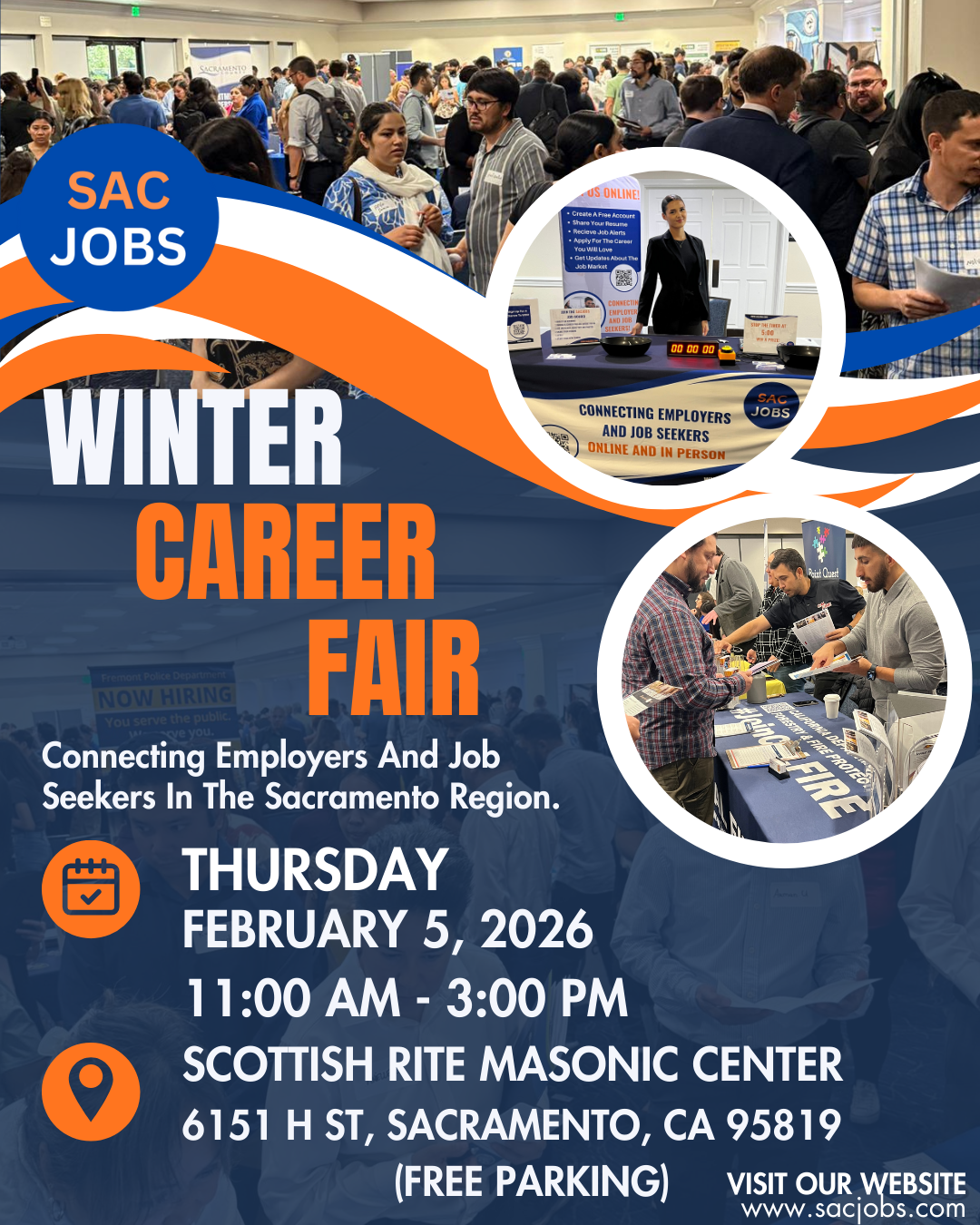 A Winter Career Fair in Sacramento on Feb 5, 2026, from 11 AM to 3 PM at the Scottish Rite Masonic Center. Free parking.