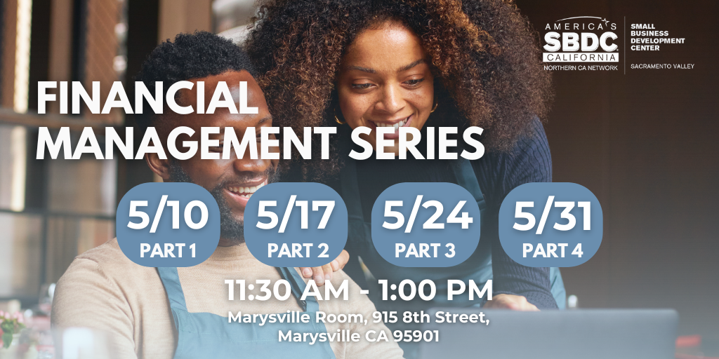 Ad for a Financial Management Series with dates, times, and location, featuring a smiling couple looking at a laptop.