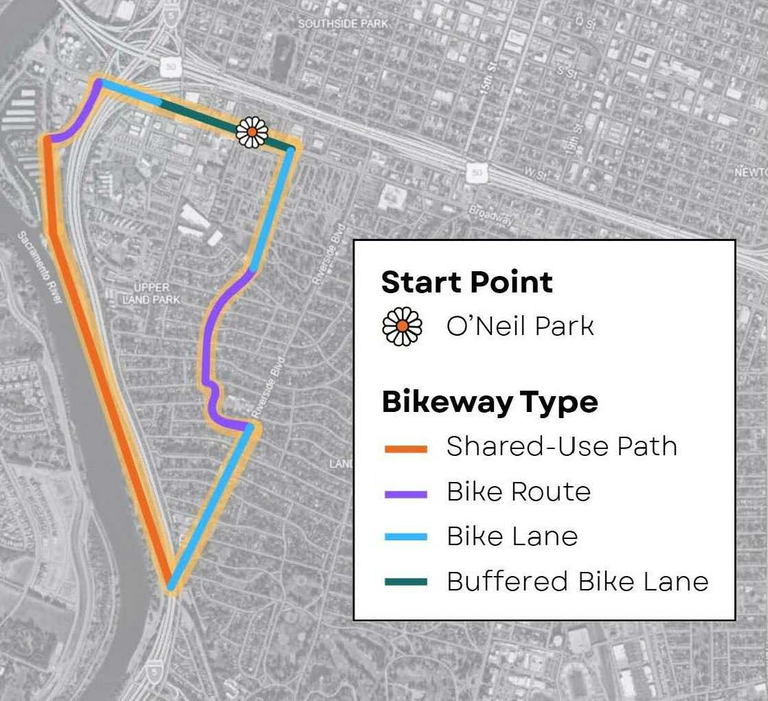 Map showing biking routes in a neighborhood, starting at O’Neil Park, with various types of bikeways marked in different colors.