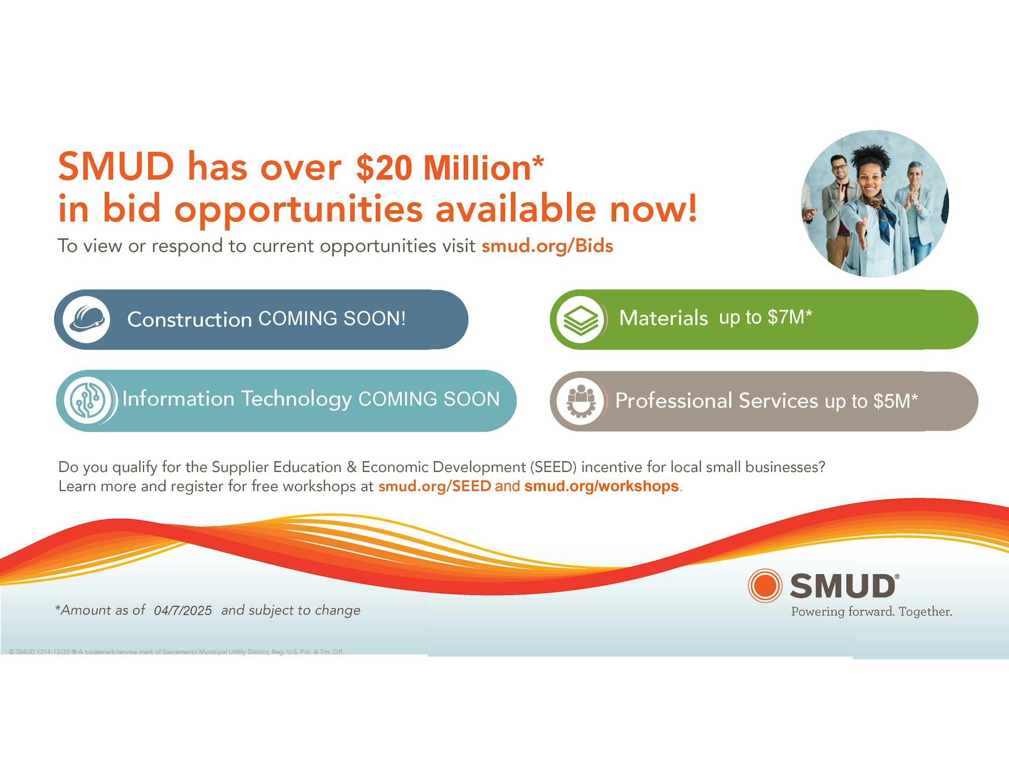 SMUD offers over $20M in bid opportunities. Categories: Construction, IT (coming soon), Materials up to $7M, Professional Services up to $5M.