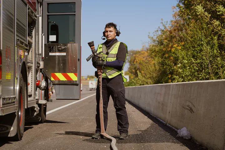A fireman in protective gear stands by a fire truck, holding a hose on the highway, with trees in the background.