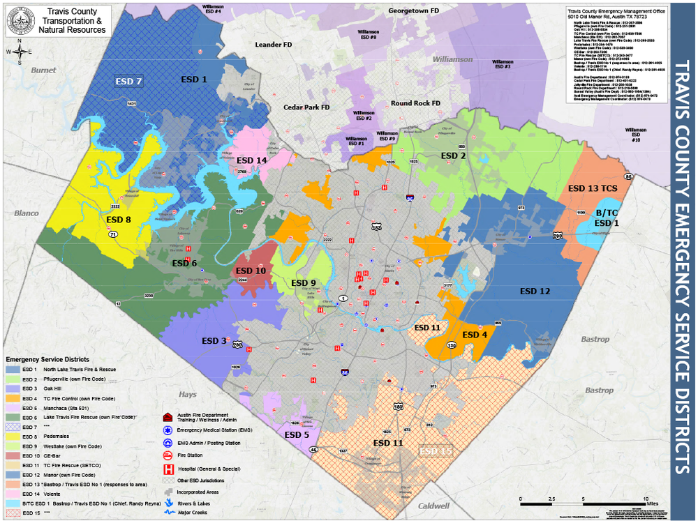 Map of Travis County, Texas, showing Emergency Service Districts (ESDs) and fire department locations, color-coded by district.