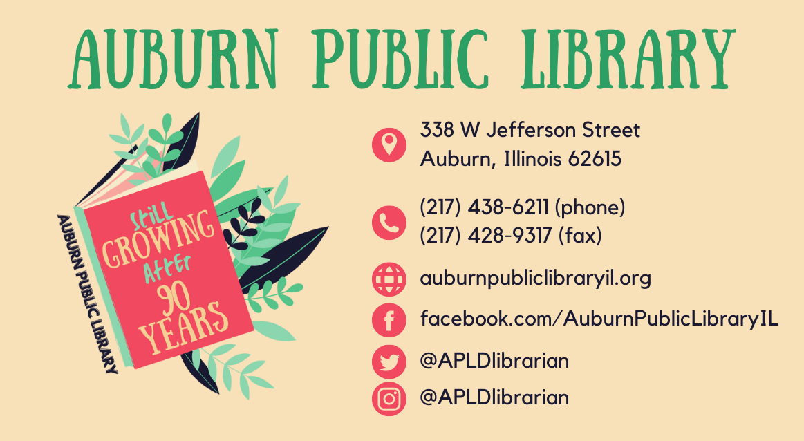 Auburn Public Library contact info, address: 338 W Jefferson, Auburn, IL. Includes phone, fax, website, Facebook, and social media handles.