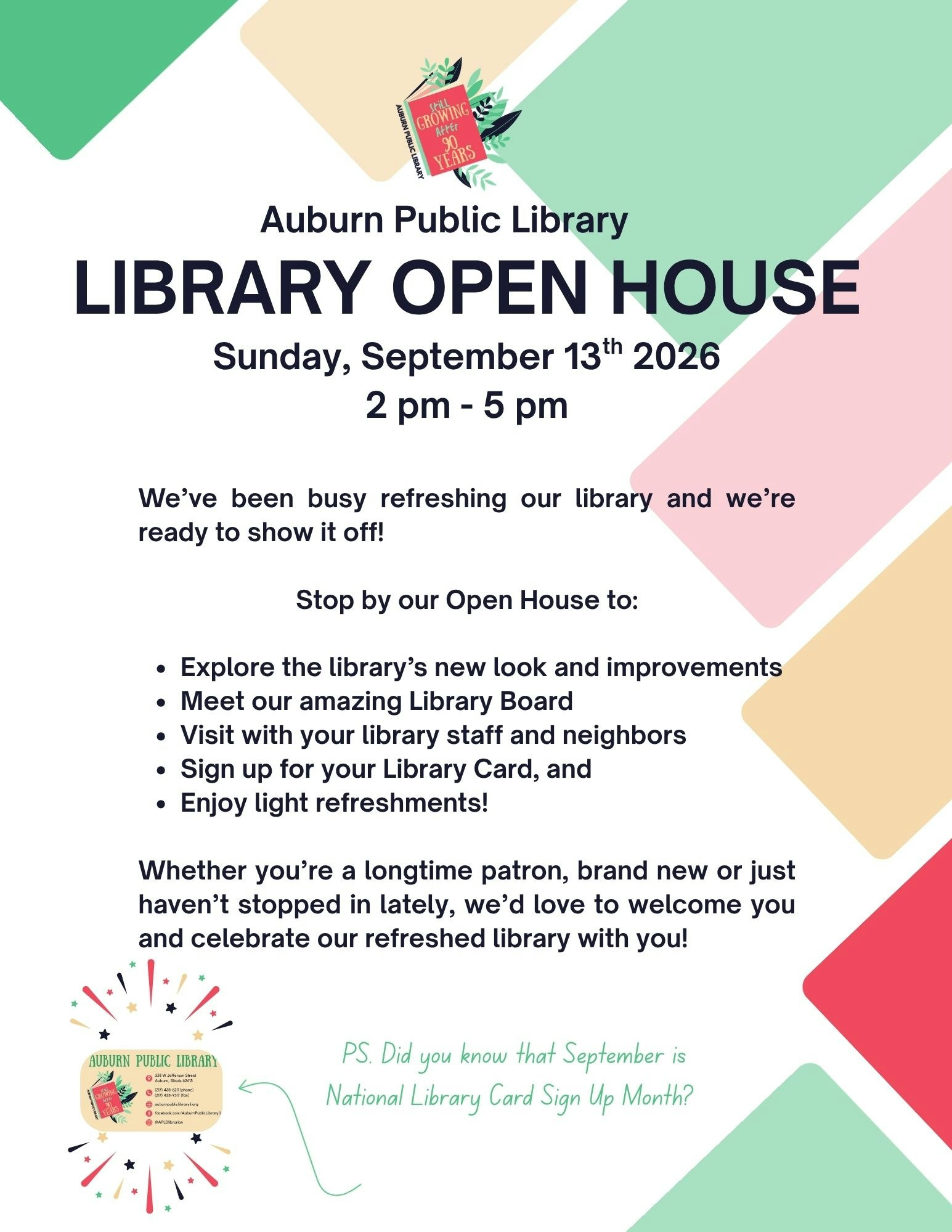 Auburn Public Library open house on Sept 13, 2026, from 2-5 PM. Explore updates, meet the board, sign up for a library card, and enjoy refreshments!