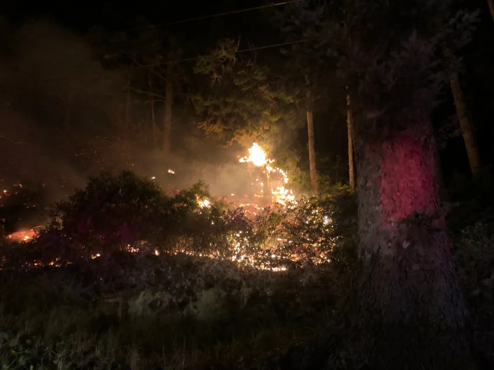 wildfire in somewhat distant brush at night