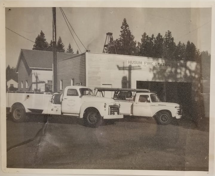 Two fire trucks outside the Husum Fire Hall