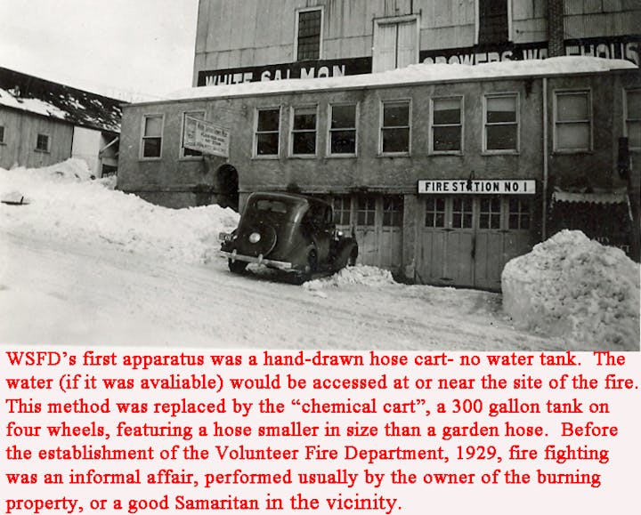 Old photo of Fire Station No. 1 with a vintage car outside. Historical text about early firefighting methods.