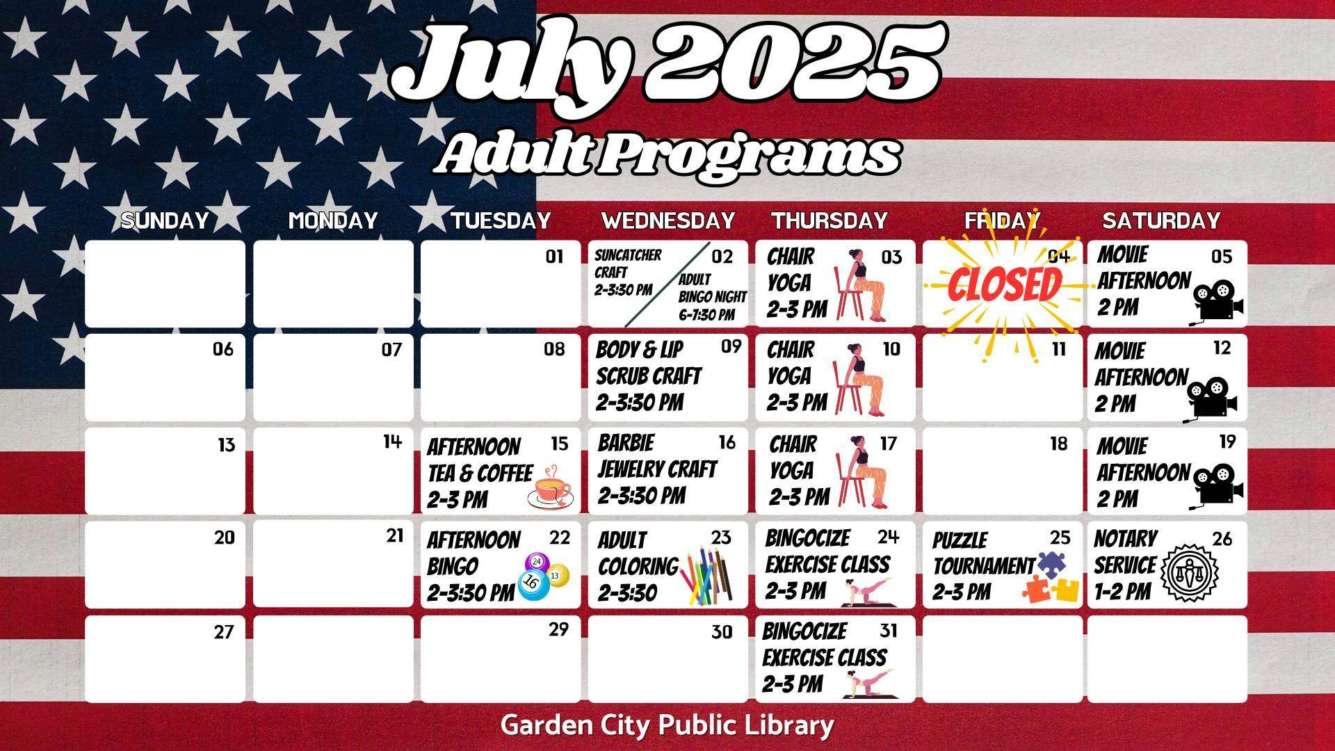 Garden City Public Library July 2025 calendar with various adult programs.