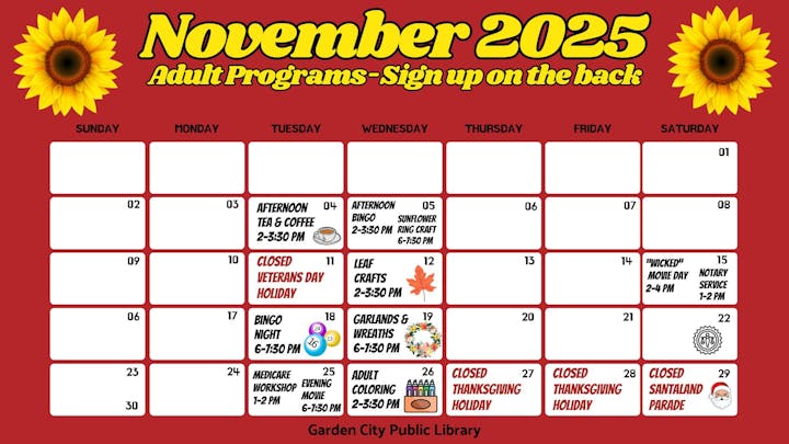 November 2025 library events calendar with various activities and holiday closures.