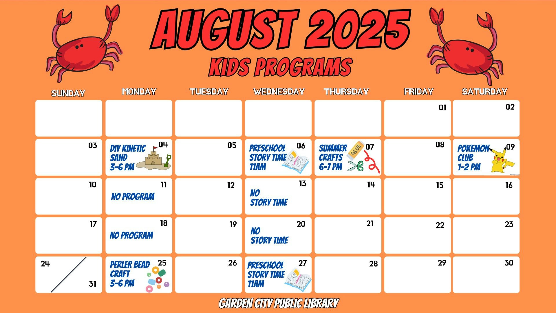 August 2025 kids programs calendar for Garden City Public Library, featuring workshops and story time events.