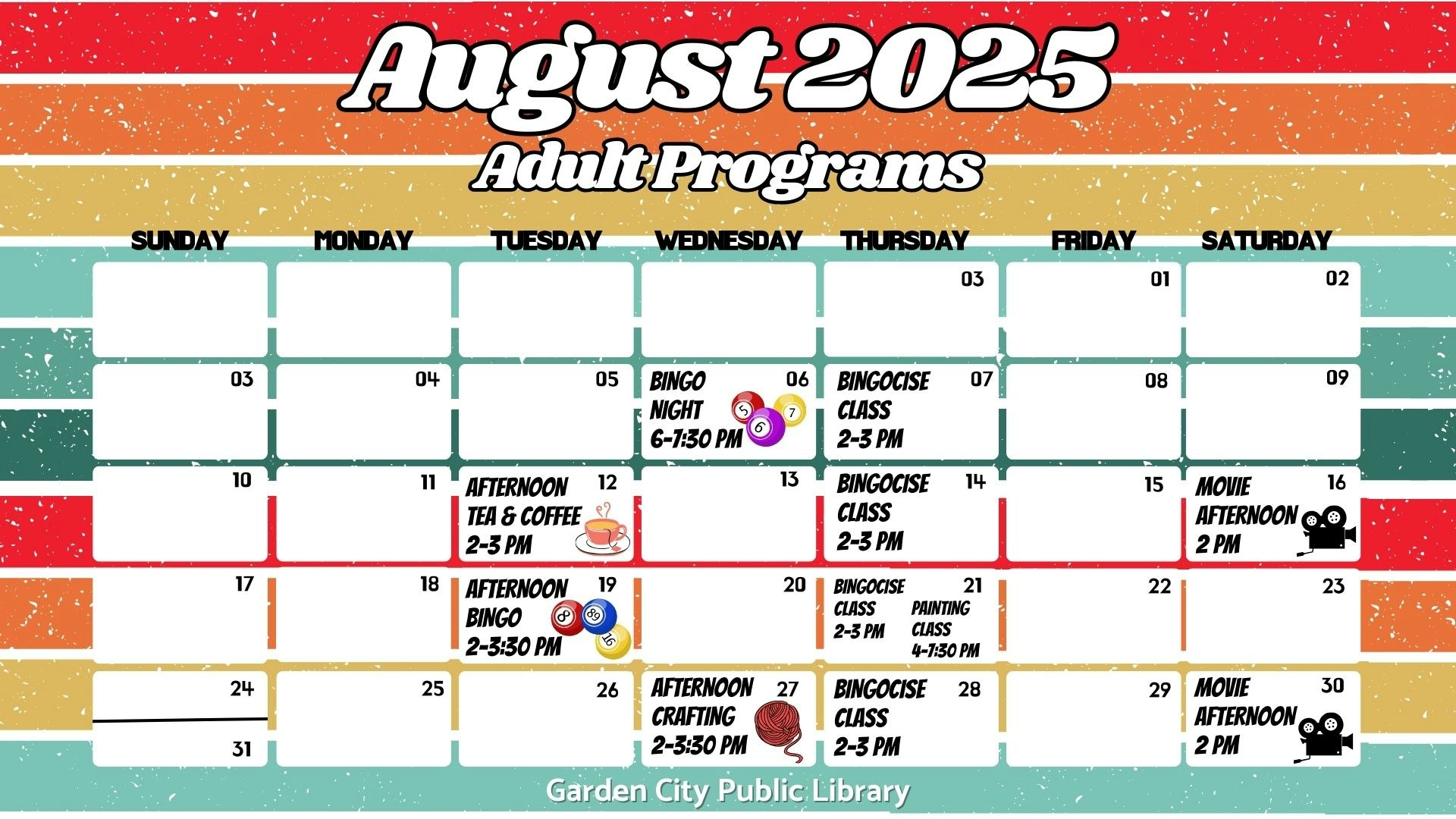 August 2025 adult programs calendar for Garden City Public Library with events like Bingo and crafting.