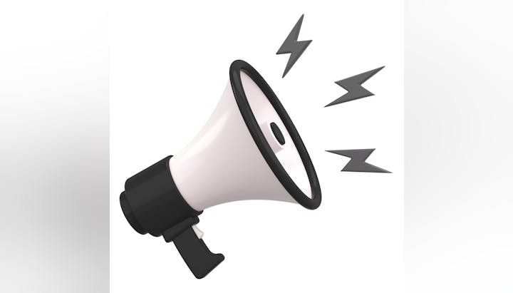 A white and black megaphone with three sound waves depicted as jagged lines.