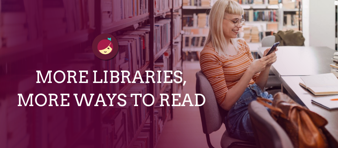The image promotes the idea of expanding libraries to enhance reading experiences, featuring a woman engaging with her phone in a library.