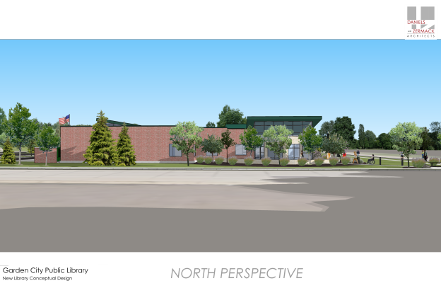 Brick public library building with modern design, surrounded by trees, seen from a road perspective.