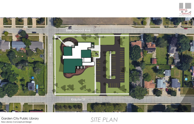 Site plan of Garden City Public Library with parking, landscaping, and road access labeled.