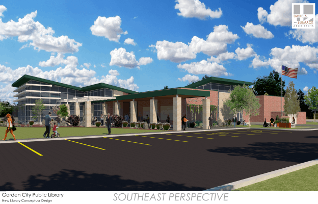 Conceptual design of Garden City Public Library with a modern building and parking lot under a blue sky.
