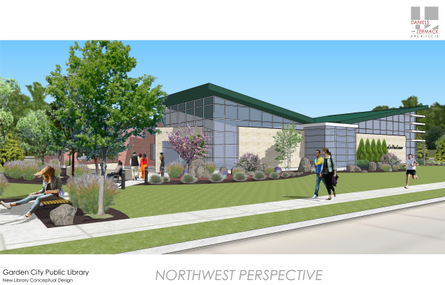 Garden City Public Library concept design with people outside, featuring modern architecture and landscaping from a northwest perspective.
