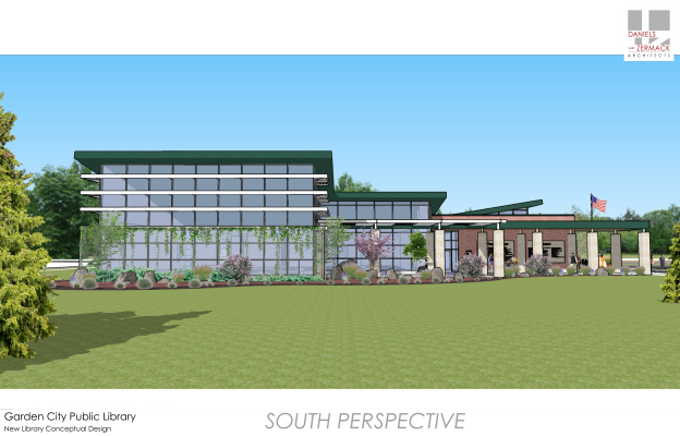 Architectural rendering of a modern library with large windows, greenery, and an American flag, labeled "Garden City Public Library."
