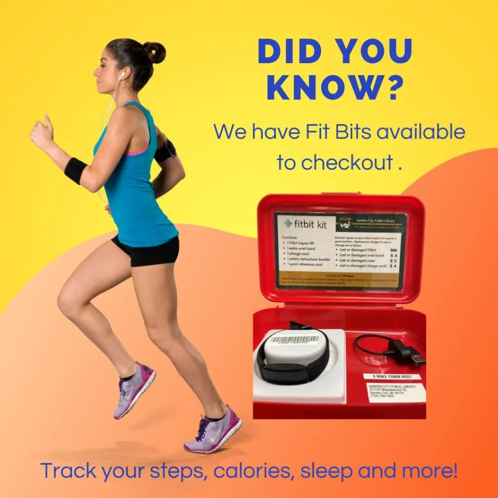 Woman jogging, Fitbit kit available for checkout with tracker, charger, and info. Yellow background, text invites tracking steps and calories.