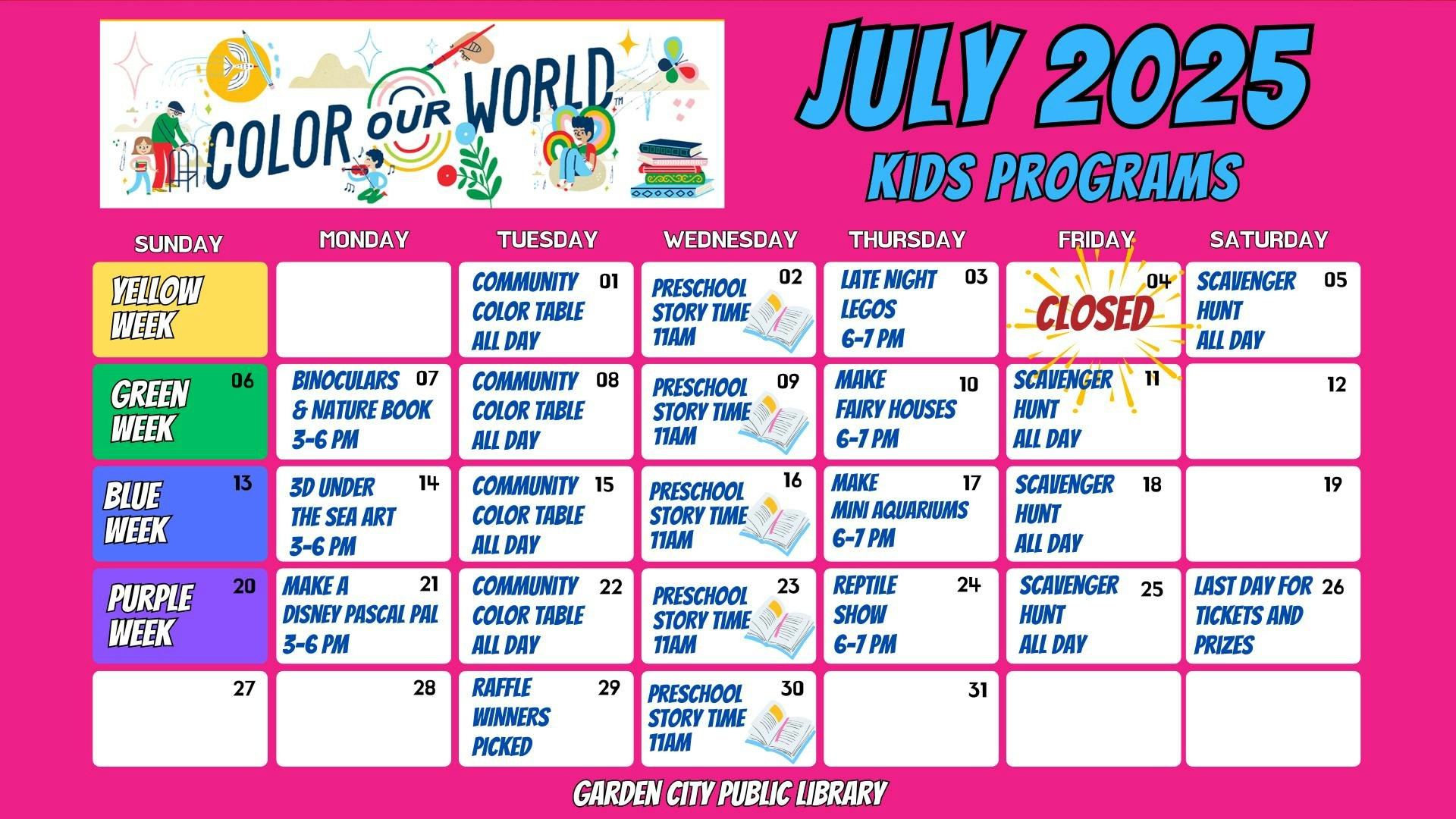 Garden City Public Library July 2025 Kids Programs calendar with weekly themes, crafts, story time, and scavenger hunts.
