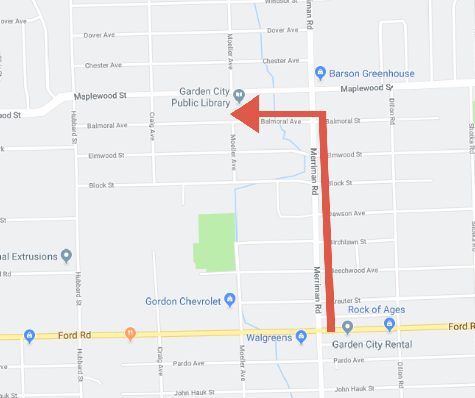 Map showing a route from Merriman Rd, turning left onto Balmoral Ave, with locations like Garden City Public Library and Walgreens marked.