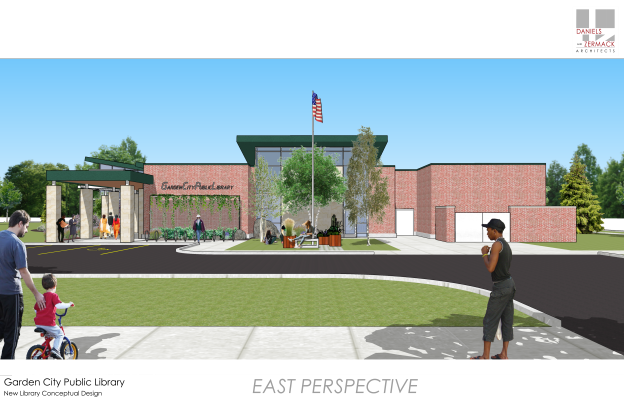 Conceptual design of the Garden City Public Library exterior, showing people, trees, and a flagpole in a front view.