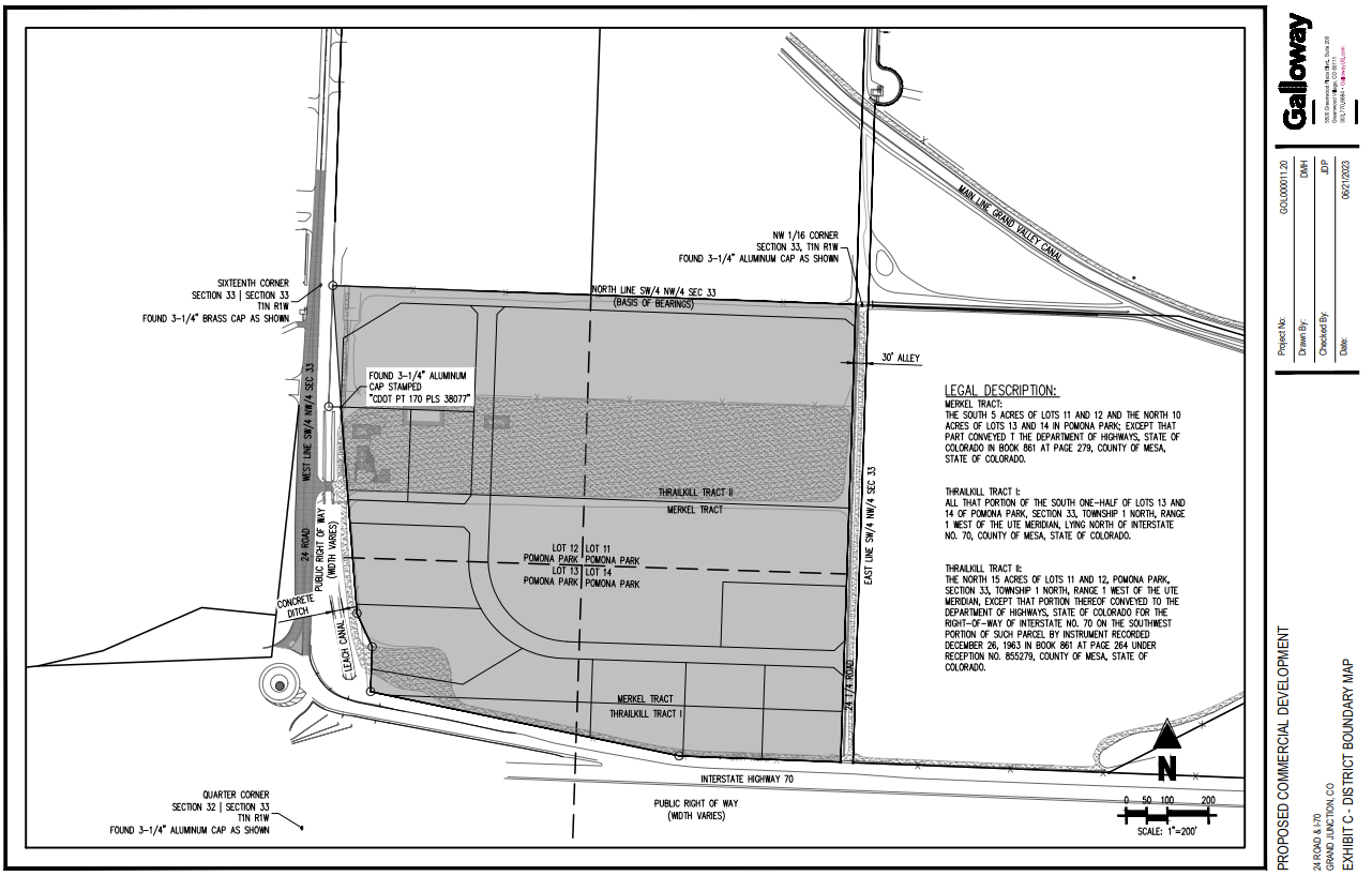 Map of proposed commercial development boundary with legal descriptions and labeled tracts in Mesa County, Colorado.