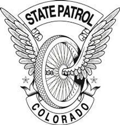 Badge with eagle wings, wheel, "STATE PATROL COLORADO" text.