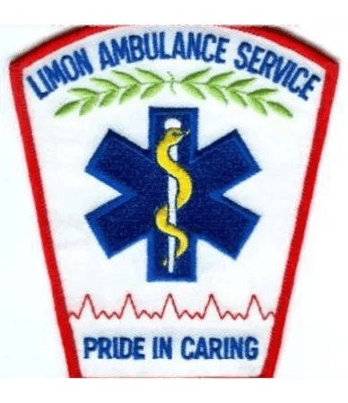 An embroidered patch for Limon Ambulance Service with a star of life, a snake, and an EKG line, with "Pride in Caring" text.