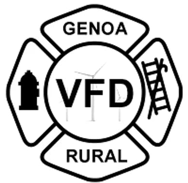 A fire department emblem with the initials VFD, a fire hydrant, a ladder, and the words "GENOA RURAL."